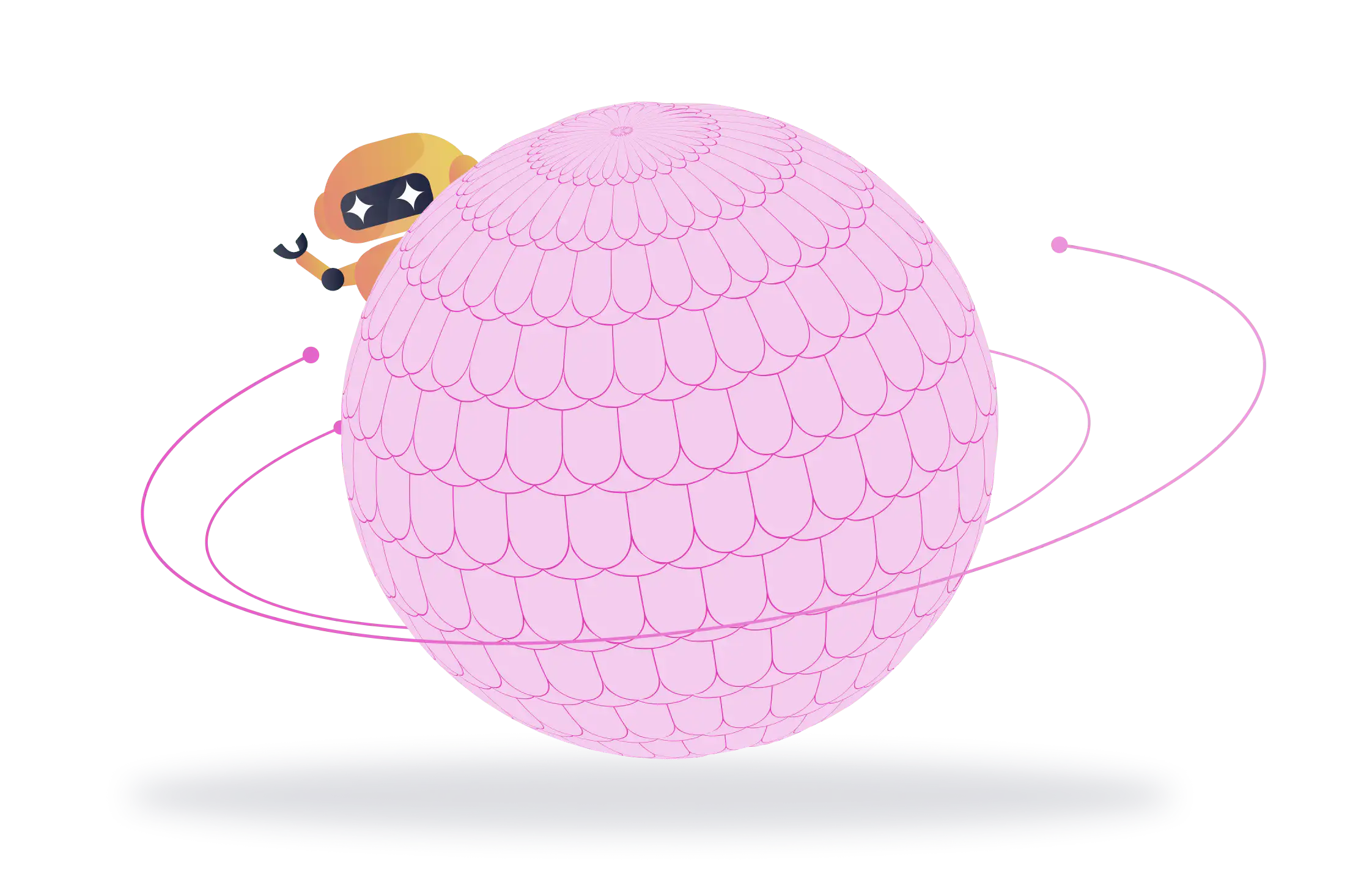a cartoon of a robot climbing a pink sphere